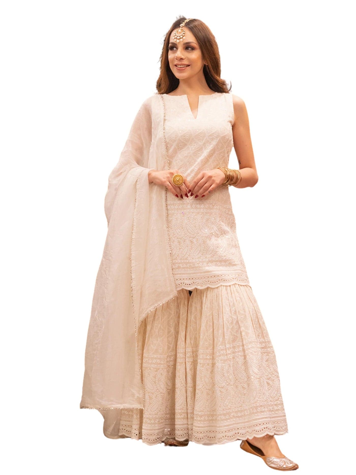 Royal Export Women's Paisley Embroidered Cotton Kurta Set | sharara set for women |Anarkali Chikankari Gown with Dupatta | Dresses for Girls-XL