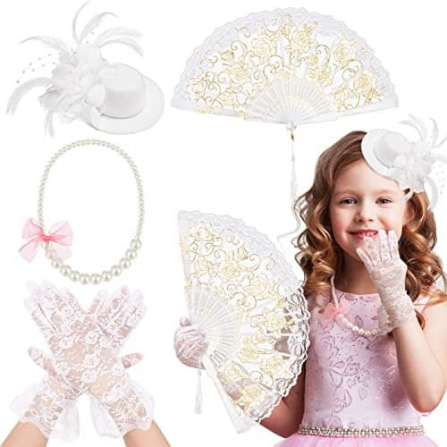 Sintege 4 Pcs Girls Tea Party Set Girls Tea Party Accessories Gloves Hats Necklace Fans for ToddlerWhite