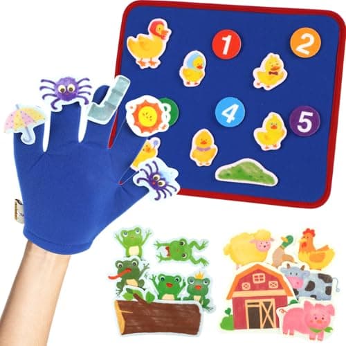 CHEFAN Felt Board for Toddlers Finger Puppets Includes Itsy Bitsy Spider 5 Little Ducks More Flannel Board for Preschool Learning Activities Interactive Storytelling Set with Gloves 4 Sets