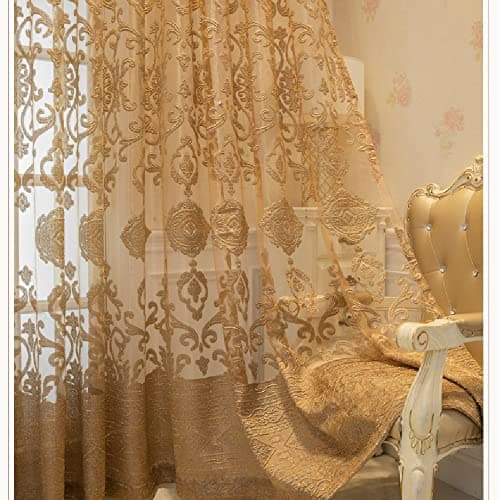 Amidoudou 1 Pair Luxury European Sheer Curtains Hollow Embroidered Tulle Curtains for Bedroom Living Room (Gold,54x90 Inch)