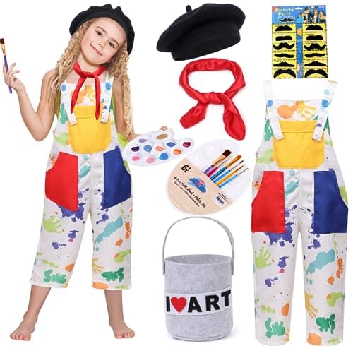 Tacobear Kids Artist Costume with Overalls Beret Beard Bow Tie Paint Bucket Brush Halloween Career Day Outfit for Boys Girls