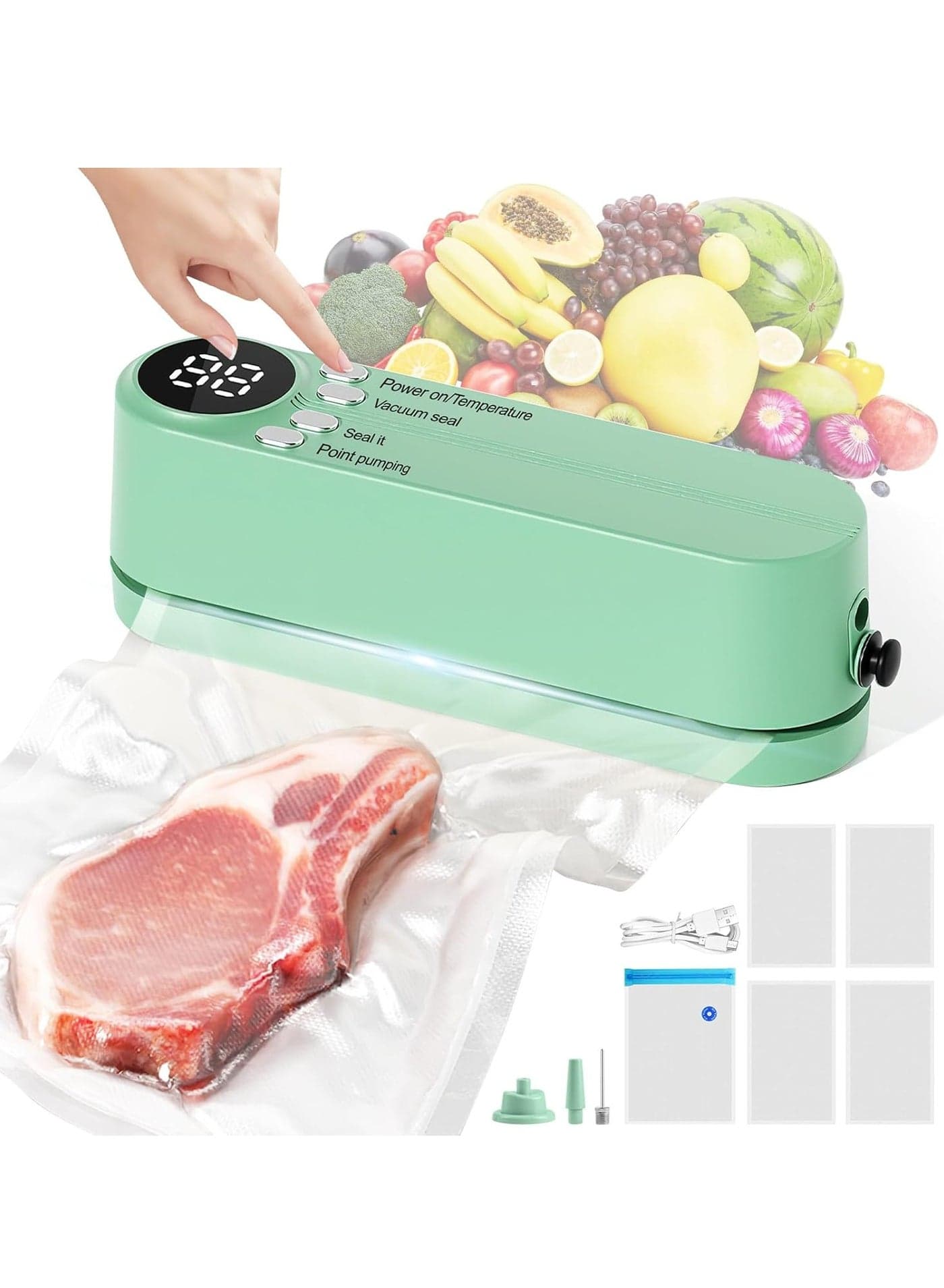 Rechargeable 5 in 1 Bag Sealer, Handheld Heat Sealer, 3 Speed Vacuum Sealer Machine, Portable Sealing Machine with 5 Pcs Vacuum Sealer Bags, External Connectors, LED Display