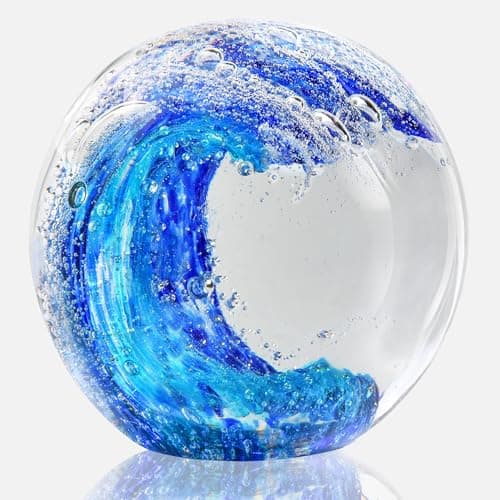 QIANCHANG 3.15" Large Ocean Wave Glass Paperweight, Hand Blown Sea Glass Figurines, Blue Waves Decor Coastal Beach Themed Gifts