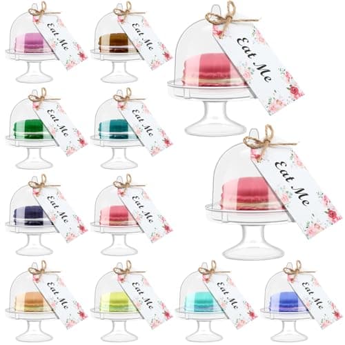 Maxcheck 12 Set Mini Cake Stand with Lid Plastic Cupcake Stand Plate Dome Cover Tea Party Cake Dome Clear Dessert Tray with Eat Me Tags for Birthday Wedding Party Supplies
