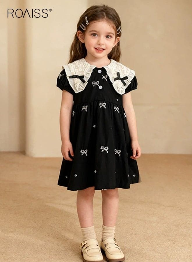 Girls Stylish Summer Dress, Elegant Chic A-line Dress with Bowknots, Peter Pan Collar Puff Sleeve Frock, Comfortable Breathable Dress for Girls, Suit for Daily Wear or Any Occasion