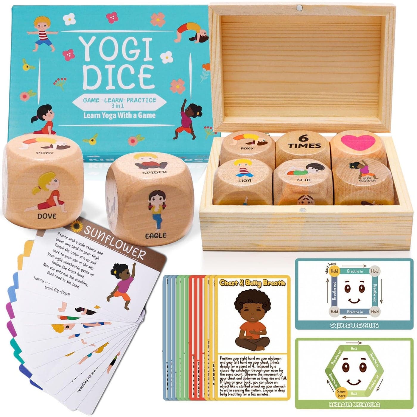 Garybank Kids Yoga Dice with 12 Yoga Cards, 20 Breathing Exercise Cards - Calm Down Corner Supplies, Yoga for Kids Solo or Group, Fun Exercise Dice Game for Kids Workout Equipment,Christmas Yoga Gifts