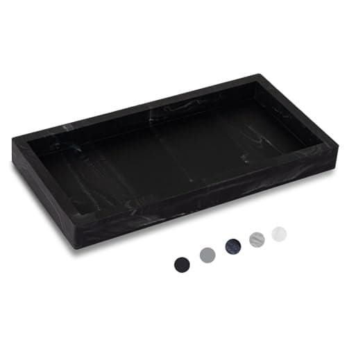Small Bathroom Vanity Silicone Tray for Counter, Rectangle Dish Soap and Sponge Holder for Kitchen Sink, Perfume Organizer for Dresser, Marble Black