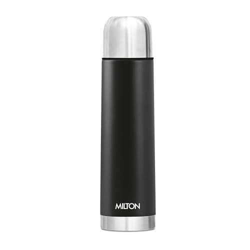 MILTON Eco-Flip 1000 Thermosteel Double Walled Vacuum Insulated Thermos Flask, 1000 ml, 24 Hr Hot and Cold I Leak Proof Lid, ISI Certified I Vacuum Insulated I for Office, Gym, School I Black