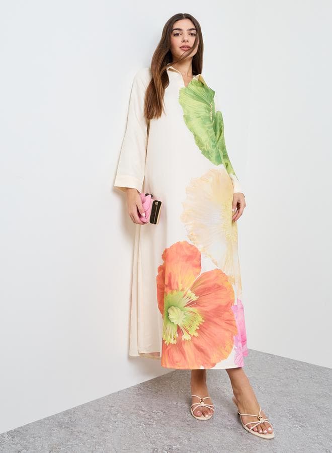 Open Collar Placement Print Jalabiya