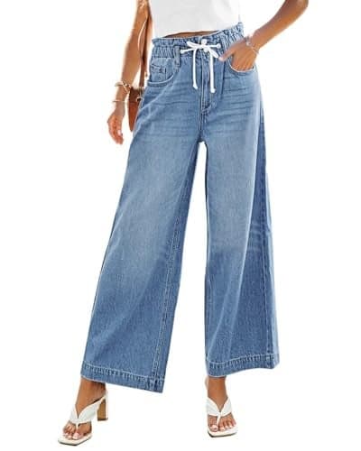 GRAPENT Women's Blue Jeans for Women Baggy Pants Wide Leg Pants Stretchy Bootcut Jeans Women Boyfriend Loose Fit Color Azure Mood Size 4 Size 6