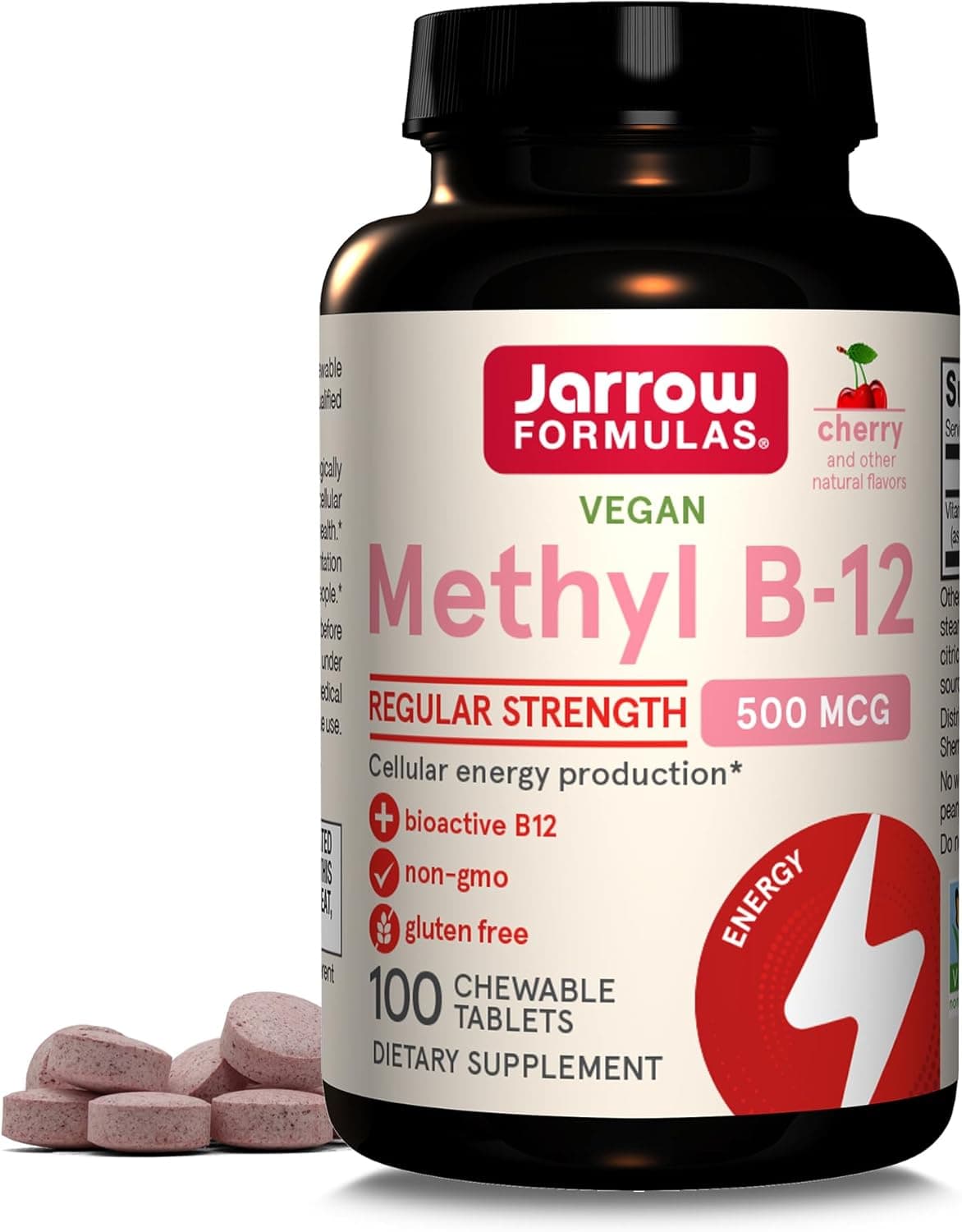 Jarrow Formulas Methyl B12 Tablets 500 mg Dietary Supplement For Cellular Energy Production and Brain Health Support 100 Cherry Flavor Chewable Tablets 100 Day Supply
