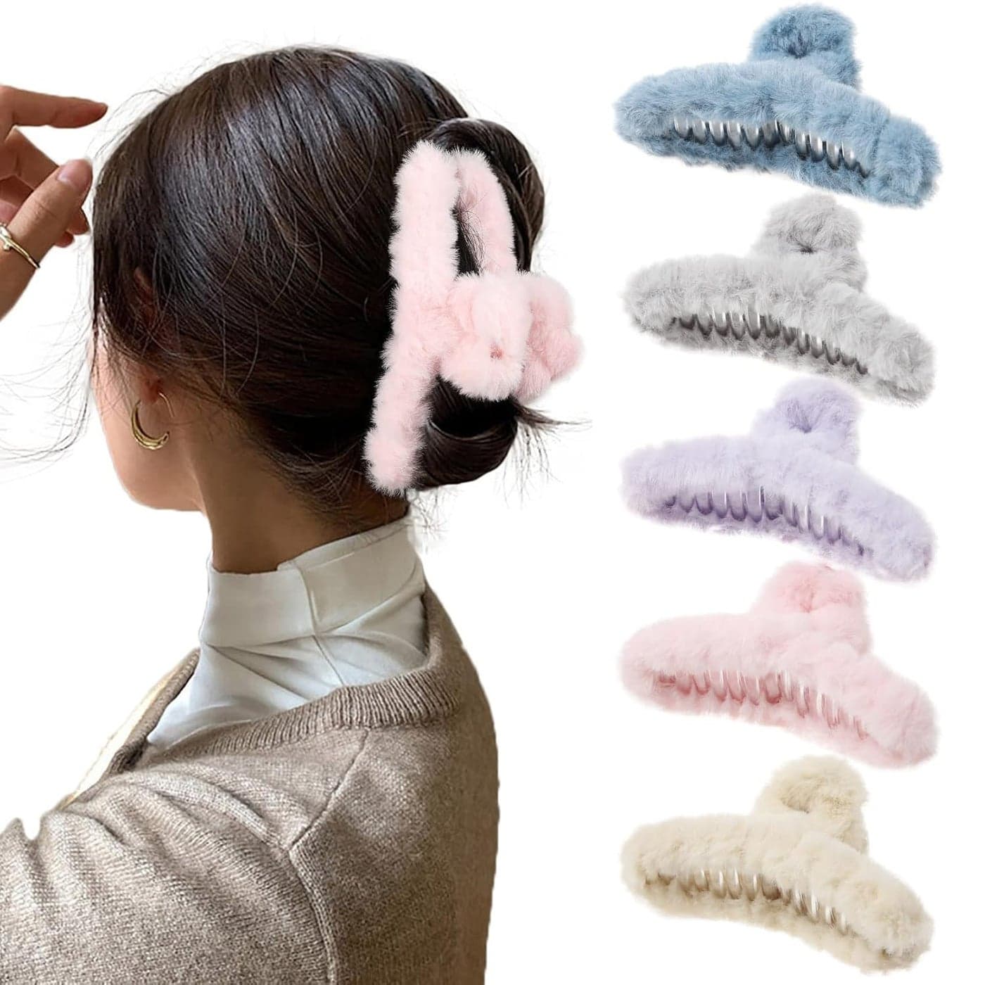 5PCS Large Claw Hair Clips for Thick Hair Big Fuzzy Hair Clips for Women Nonslip Strong Hold Hair Claw Clip Plush BlueGreyPinkPurpleBeige