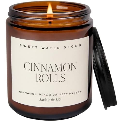 Sweet Water Decor Cinnamon Roll Candle - Fall Candle with Cinnamon, Icing & Buttery Pastry for Home - Soy Candles with 40 Hours Burn Time - 9Oz Black Lid Amber Jar Holiday Scents