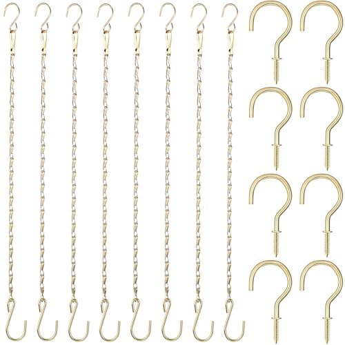 Hotop 8 Pieces Metal Hanging Basket Chains with 8 Pieces Ceiling Hooks for Bird Feeders, Planters, Lanterns, Wind Chimes, Billboards, Chalkboards and More (16.38 Inch,Gold)