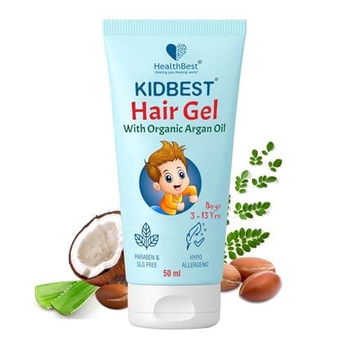 HealthBest Kids Hair Styling Gel for Boys & Girls (Daily Use) with Non Toxic Organic Argan Oil, Drumstick Tree Oil & Kertine, Hair Growth, Damaged Hair, Tear, Paraben, SLS free, 50ml