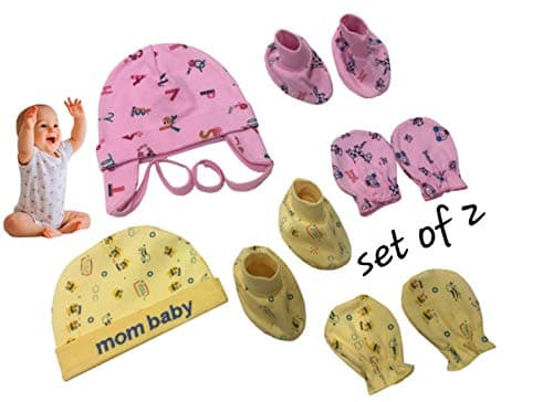 MOM CARE Cotton Cap Mitten And Booties Set -new Born Baby Gloves And Socks Caps -Gifting Combo - Baby Girls 0-12 Months (Pack Of 2Sets) Multi Color