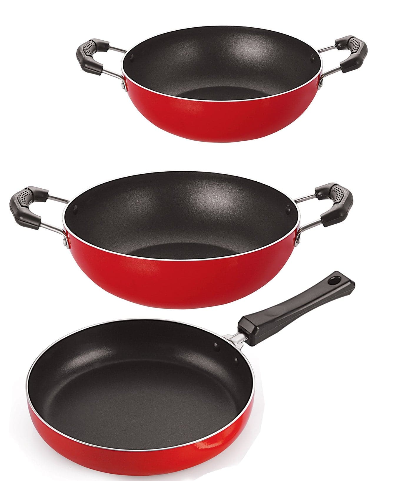 Nirlon Non-Stick Frying Pan and Kadai Combo Cookware Set with Stainless Steel Lid, 2.6mm_FP10_KD11_KD12