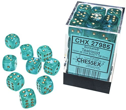 Chessex Borealis 12mm d6 TealGold Luminary Dice Block 36 dice 27985