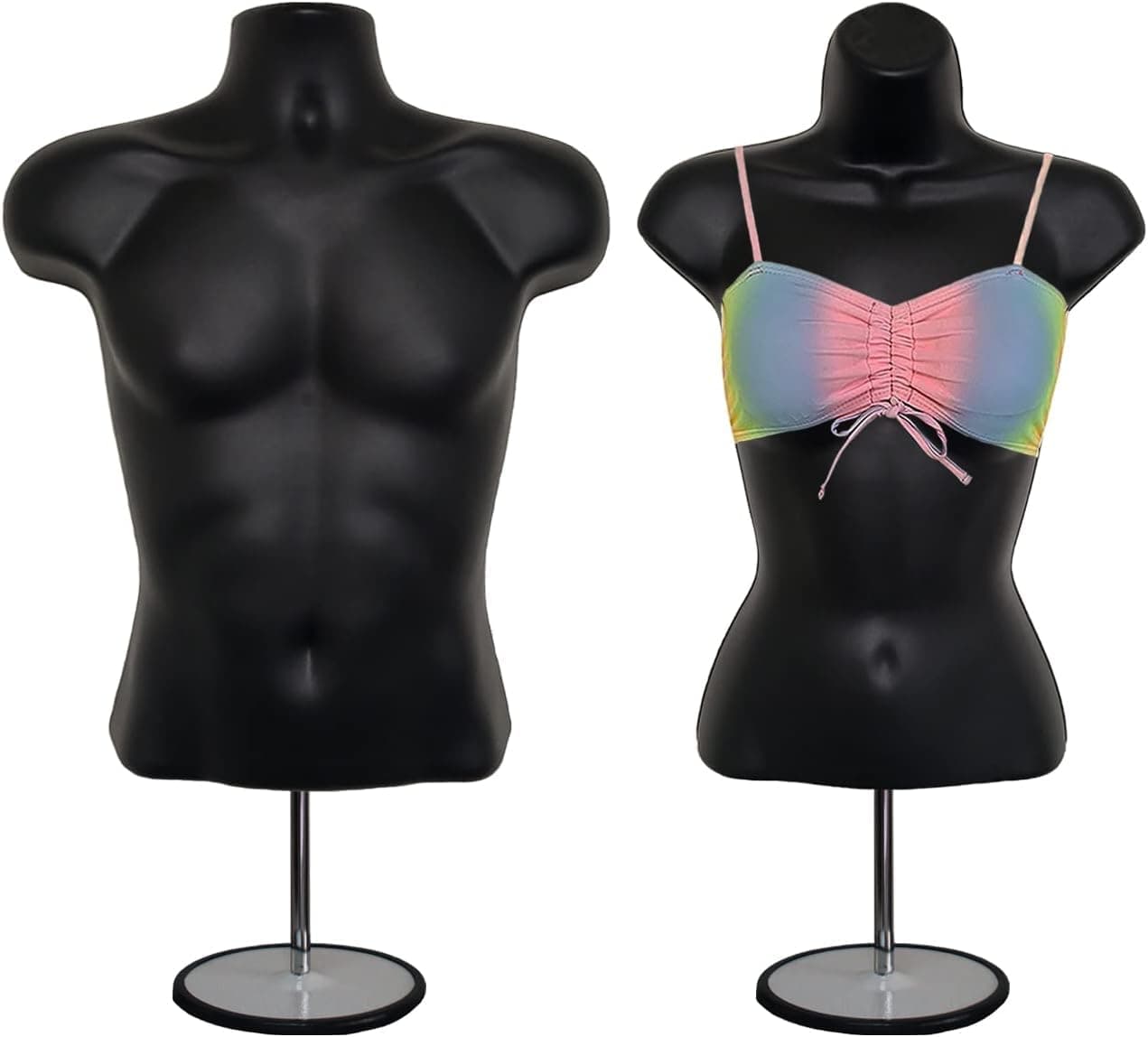 DisplayTown Male and Female Mannequin Torso with Metal Stand Hollow Back Body Stackable Dress Form for Tshirt Display Countertop Craft Shows SM Size Black Set of 1
