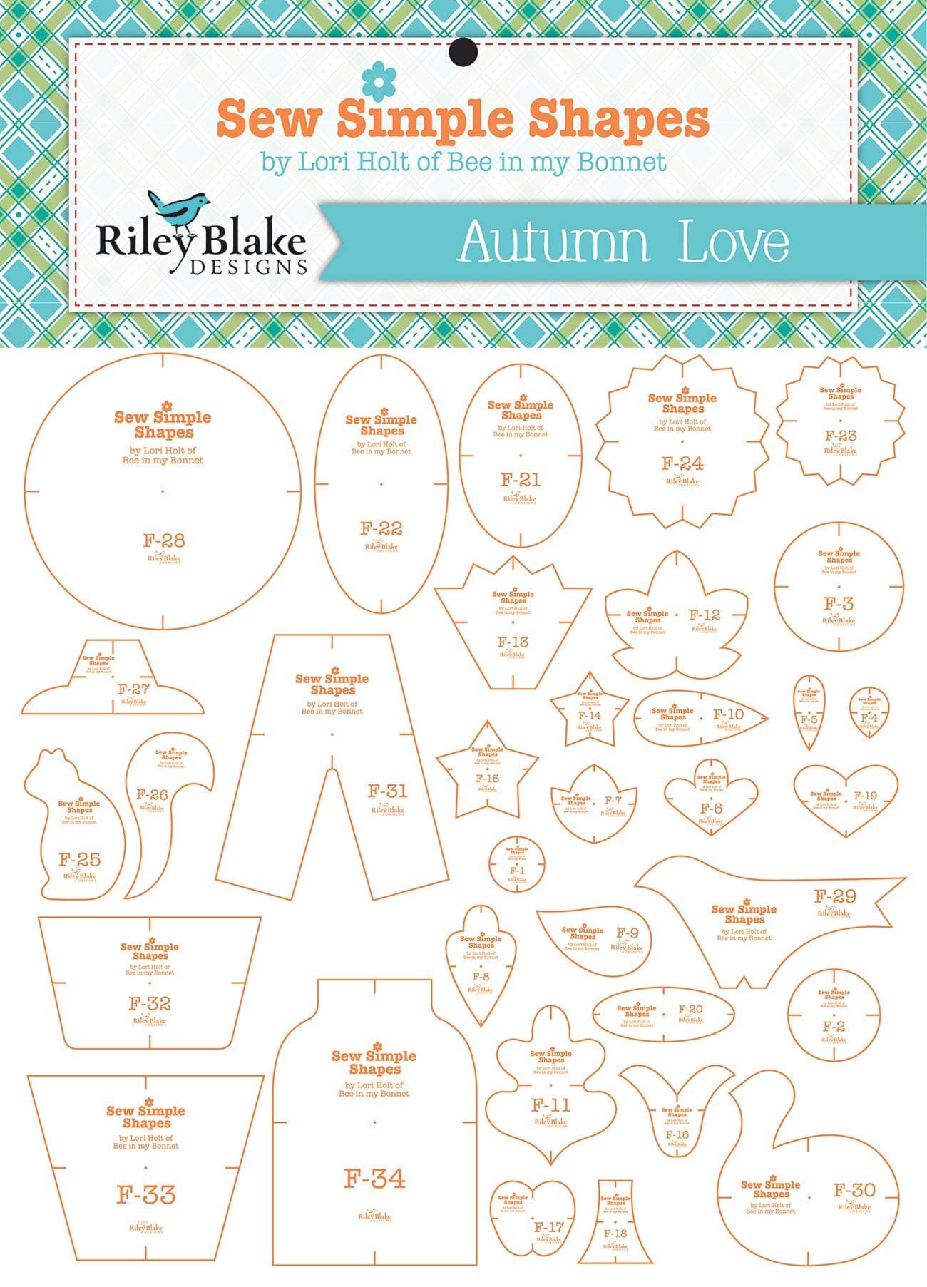 RILEY BLAKE DESIGNS Template Set LOV, Autumn Love by Lori Holt 34/Pkg