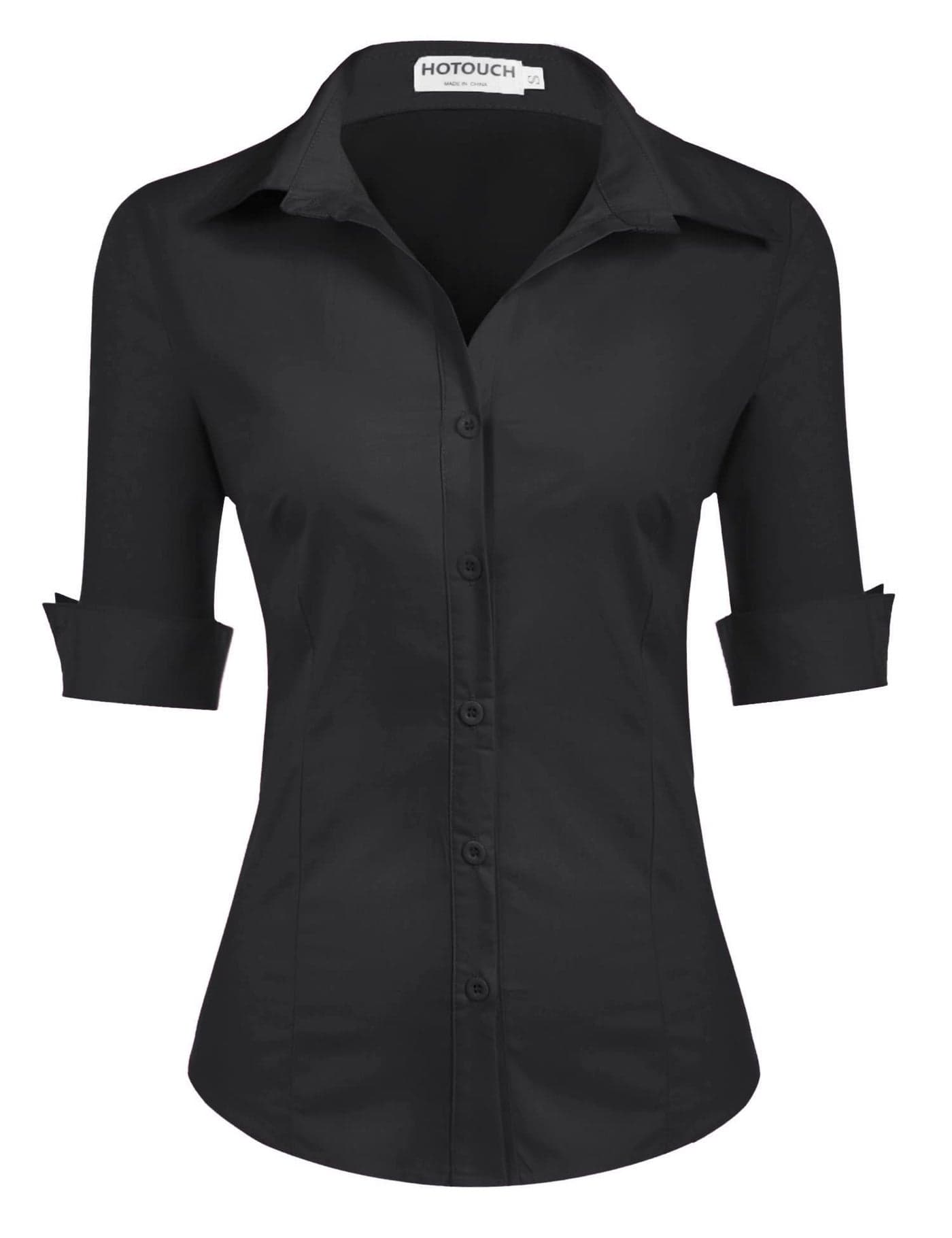 HOTOUCH Womens Tailored Fit 3/4 Sleeve Basic Simple Button Down Shirt Dress Shirt (Black L)