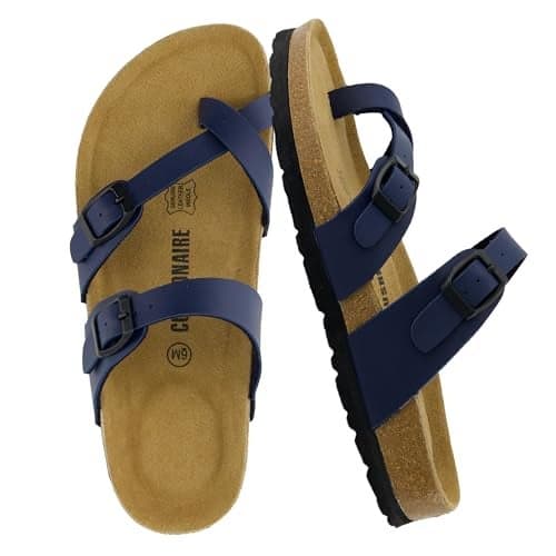 CUSHIONAIRE Luna Crossover Toe Strap Womens Sandals – Cork Footbed Slides with Adjustable Straps, Summer Sandals for Women 2025, NAVY 7.5