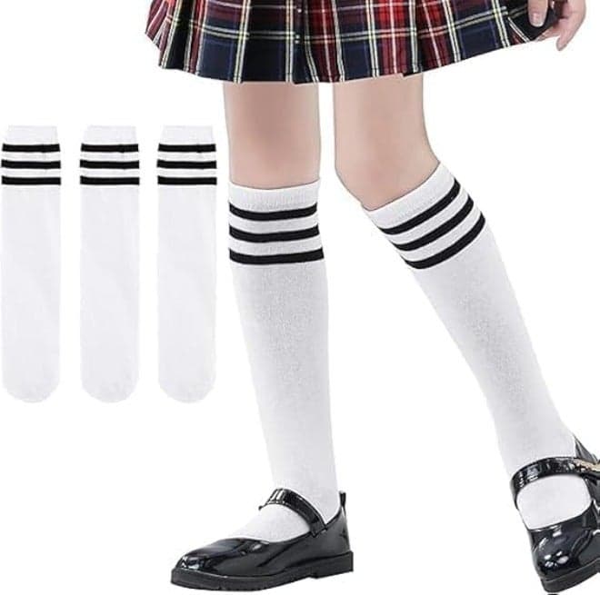3 Pairs Girls Knee High Socks, Cotton School Uniform Socks, Kids Soccer Socks, Outdoor Tube Socks for School, Indoor, Daily, Holiday, Size S