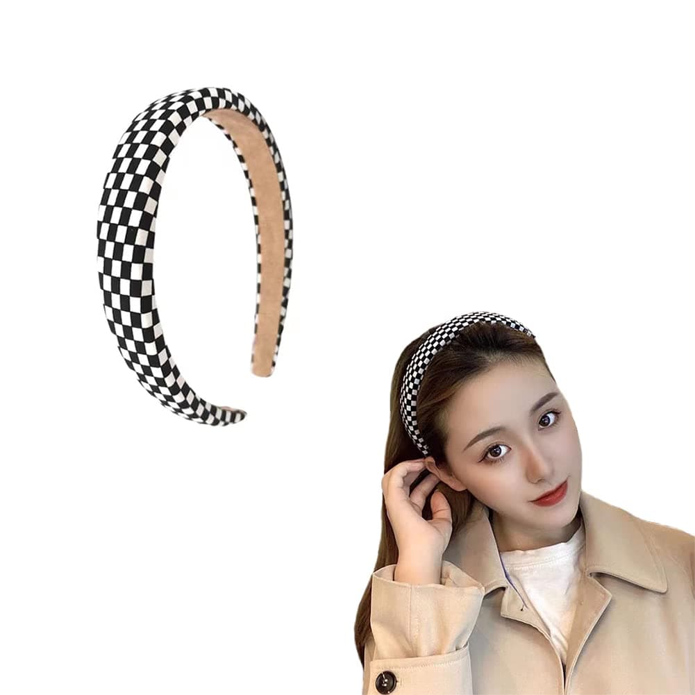 Checkered Puffy Plaid Hair Accessories Black and White Buffalo Check Padded Hairbands for Women and Girls