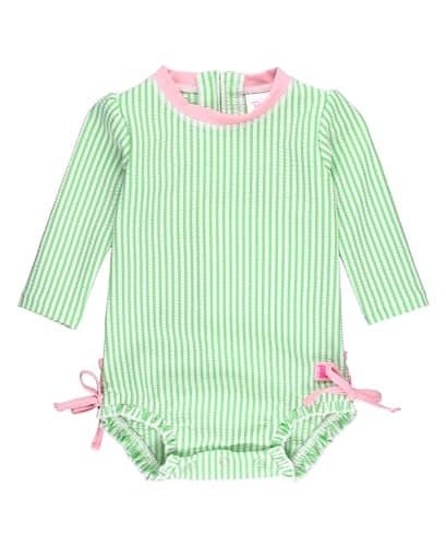 RuffleButts Spring Green Seersucker Seersucker Long Sleeve One Piece Rash Guard - 18-24m