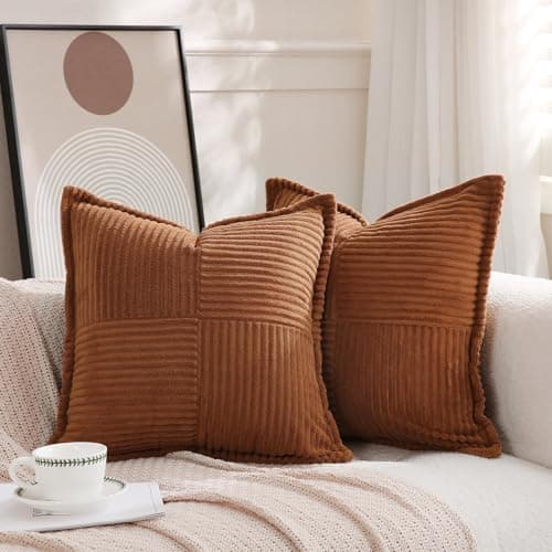 Puncuntex Corduroy Throw Pillow Covers Set of 2 Boho Decorative Brown 18×18 Inch,Super Soft Pillowcase Cozy Striped Texture Cushion Cover for Couch,Sofa,Farmhouse,Living Room