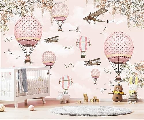 WFBHUAHot Air Balloon Wallpaper Mural Cute Animals Airplanes Pink Wallpaper for Nursery Wall Decoration Girls Bedroom Baby Room Kids Room Not Peel and Stick