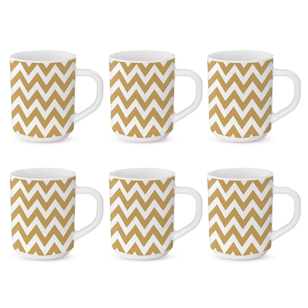 Larah by Borosil Gold Waves Opalware Mug Set of 6 TeaCoffee Mugs 240 ml Each Microwave Dishwasher Safe BoneAsh Free Crockery Set Ideal for Daily Use Gifting White