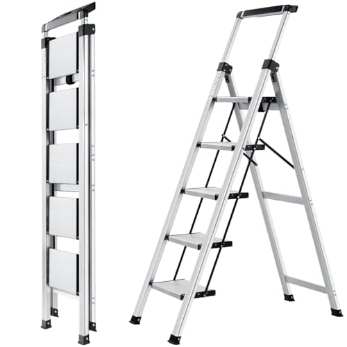 XinSunho 5 Step Ladder Retractable Handgrip Folding Step Stool with AntiSlip Wide Pedal Aluminum Stool Ladders 5 Steps 330lbs Safety Household Ladder