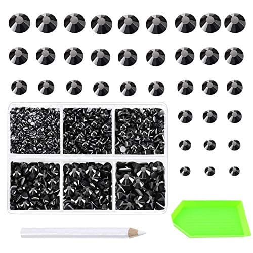 AD Beads 4500 Pieces Hotfix Rhinestones Flat Back 6 Sizes (2-6 mm) Crystal Round Glass Gems with Tweezers and Picking Rhinestones Pen or Crafts Nail Face Art Bags Clothes Shoes DIY (Black)
