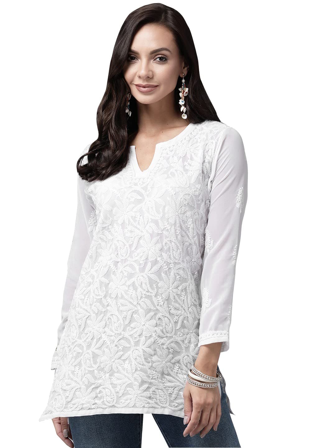 Ada Hand Embroidered Lucknow Chikankari Georgette Short Kurti Top for Girls & Women A911234 (M, White)