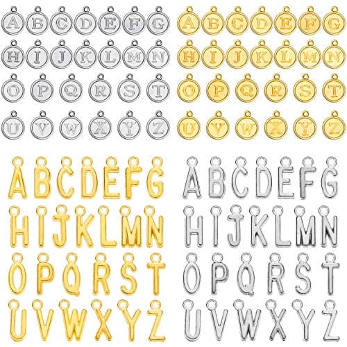 Hicarer 104 Pcs4 Sets Gold Letter Charms Alphabet Abc Charms Az Letter Silver Pendants for DIY Bracelet Necklace Jewelry Making Crafting 2 Colors and 4 Styles