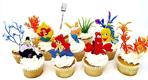 Little Mermaid Birthday Cake CUPCAKE Topper Set Featuring Characters from LITTLE MERMAID and Themed Decorative Accessories