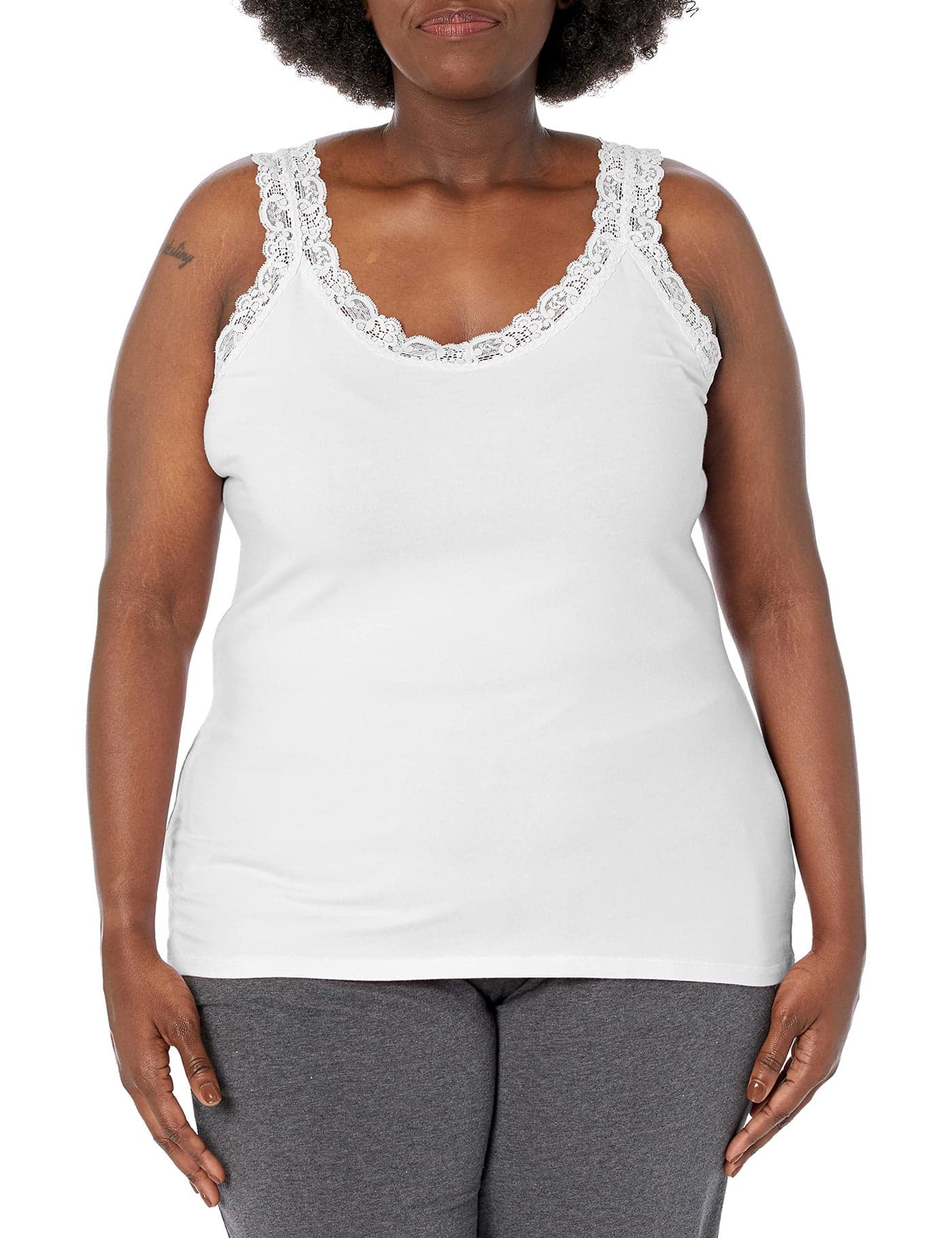 Just My Size Women's Plus Size Stretch Jersey Lace Trim Tank, White, 4X