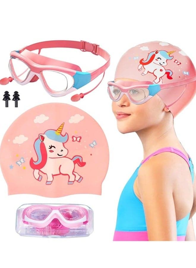 Swimming Goggles with Earplug, Swim Cap for Kids, Silicone Cartoon Swim Cap, No Leaking Soft Silicone Protection Lenses Waterproof Goggles for Children(Pink)