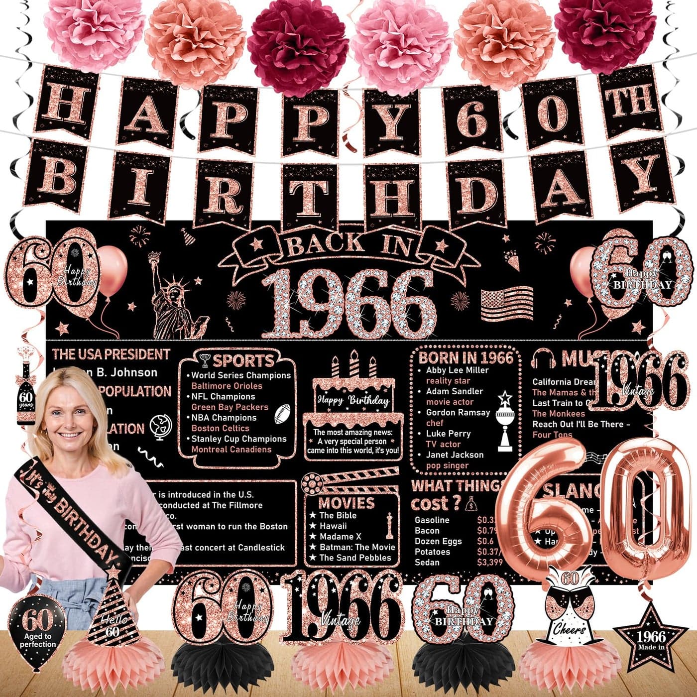 Zirtorei 60th Birthday Decorations for Women 21pcs the Year 1966 Banner Balloon Party Supplies Rose Gold 60 Year Old Birthday Backdrop 60 Bday Honeycomb Centerpiece Hanging Swirls Sash Gifts