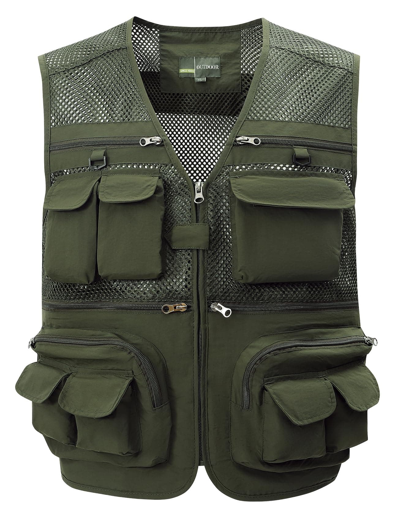 Gihuo Men's Fishing Vest Utility Safari Travel Vest with Pockets Outdoor Work Photo Cargo Fly Summer Vest (Medium, Army green-mesh)