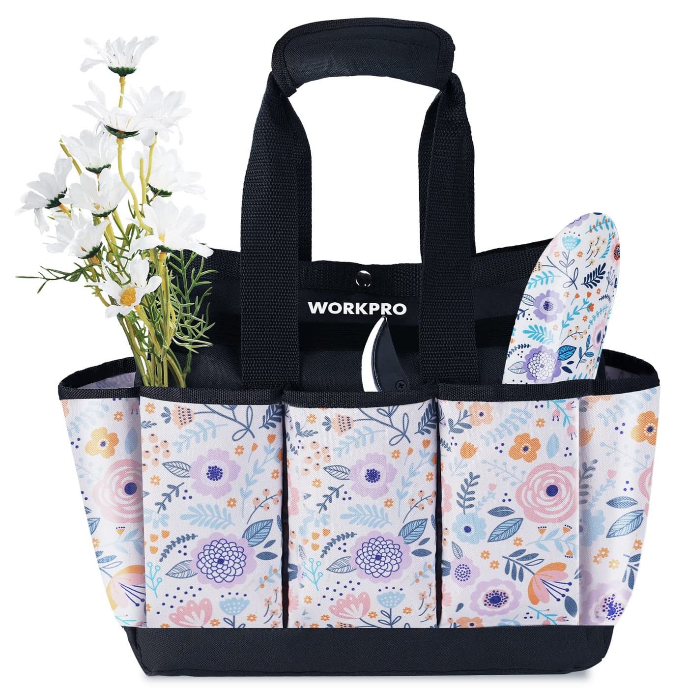 WORKPRO Garden Tool Bag 9 Pockets Gardening Bag Heavy Duty Oxford Garden Tote Caddy Tools NOT Included 12 x 12 x 6 Floral White
