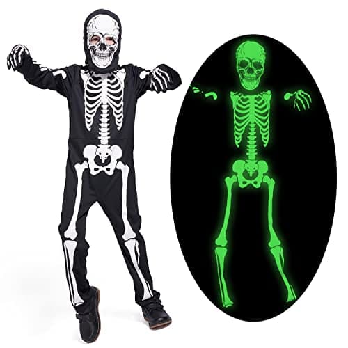 Sincere Party Glow In the Dark Skeleton White Bones Skeleton Costume with GlovesHood for Kids 79years