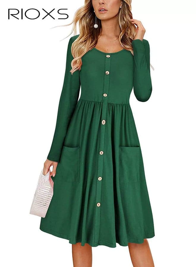 Women's Round Neck Long Sleeve Midi Dress, High Waist A-line Button Down Midi Dress for Ladies, Summer Breathable Casual Dress with Pockets, Suitable for Party, Dating, Office and More, Green