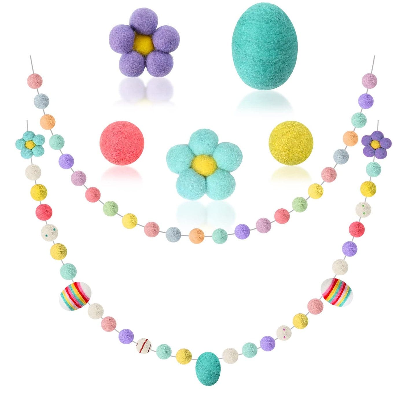 Easter Ball Garlands 2 Pieces Colorful Pom Garlands Wool Felt Ball Hanging Pom Banner Decor Egg Felt Easter Flower Banner for Tree Home Yard Party Decoration