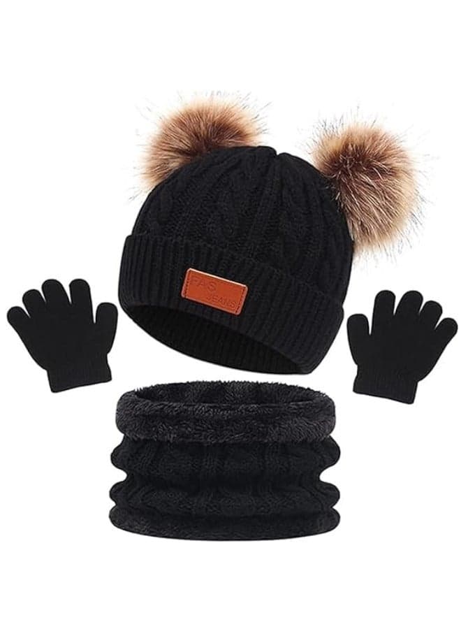 3-Piece Stylish Winter Thick Hat Kids Winter Hat Gloves Scarf Set, Boy Girls Toddler Children Hats Beanie with Pom Knit Neck Warmer Gaiter Mittens Fleece Lined Set for Children 2-6 Years