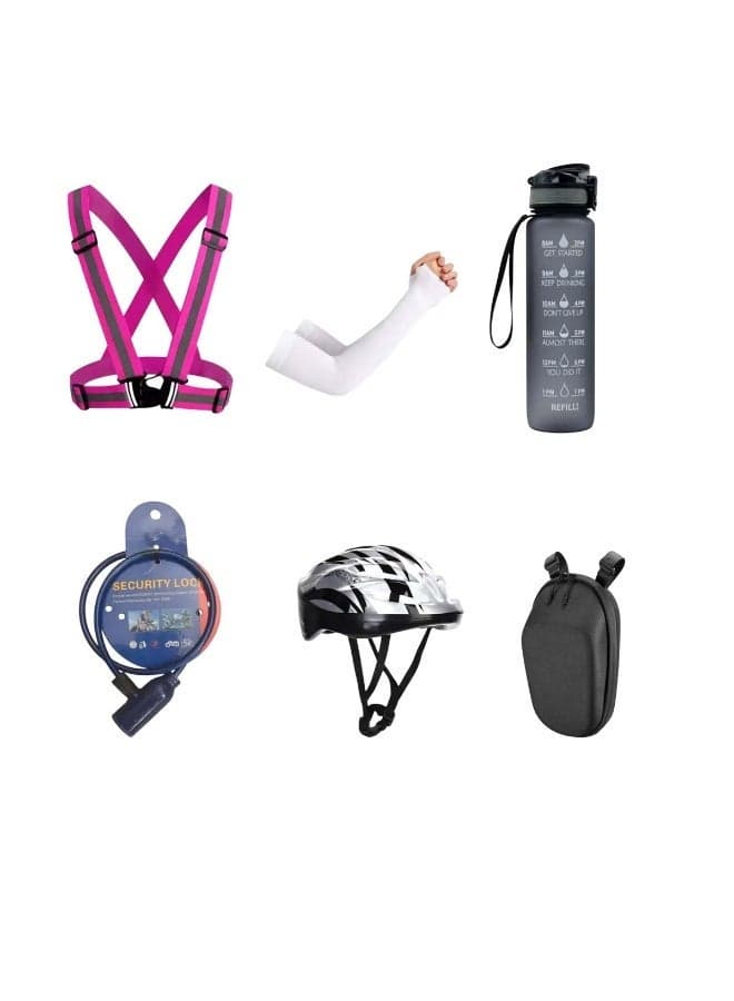 Electric Scooter Safety Kit Pack of 1 – Safety Jacket, Helmet, Lock, Hanging Bag, Hand Sleeves & Water Bottle