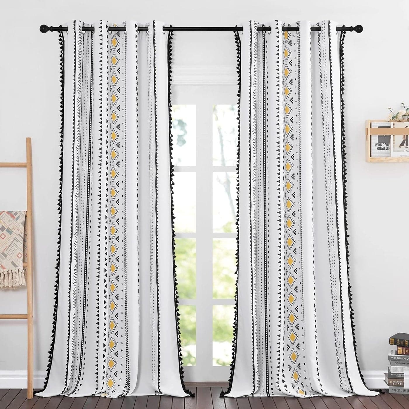 NICETOWN White Boho Fall Macrame Curtains 84 inch Long 2 Pieces Grommet Decorative Thermal Curtains Yellow and Black Eclectic Bohemian Room Darkening Drapes W52 x L84