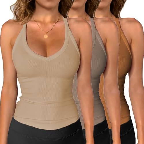 iGENJUN 3 Pack WorkoutTops for Women Racerback Tank Tops 2025 Yoga Gym Ribbed Sleeveless Shirts ClothesMKhakiBeigeChoco