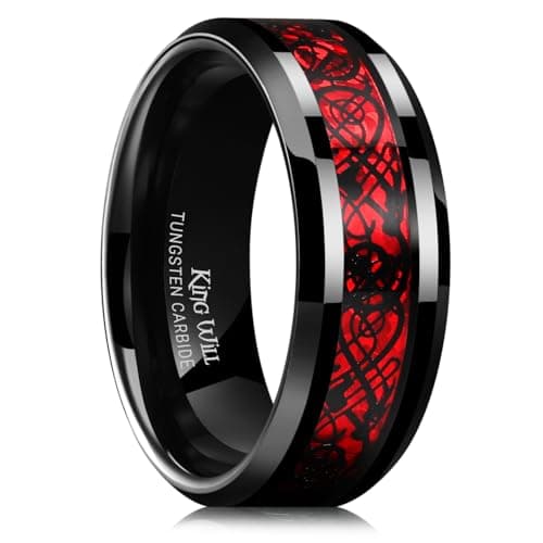 King Will Men's 8mm Red Carbon Fiber Black Celtic Dragon Tungsten Carbide Ring Comfort Fit Wedding Band (10)